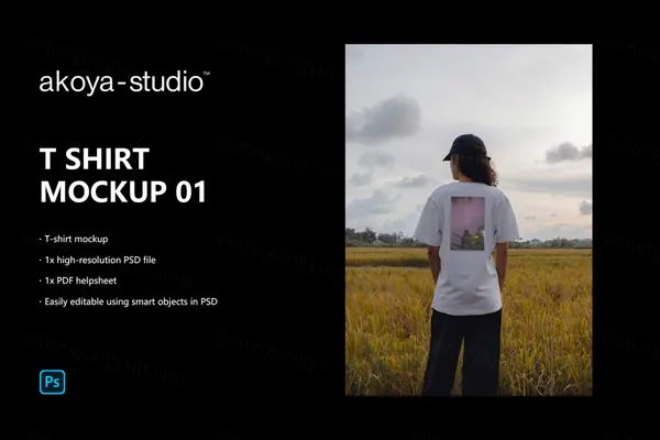 户外稻田场景美女模特背影场景T恤潮牌服饰贴图展示样机模板 T SHIRT MOCKUP 01