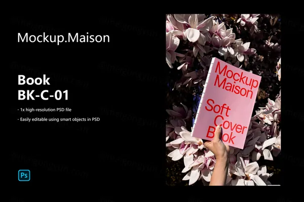 高质量手持书籍粉红色花丛场景设计贴图展示样机模板 Book BK-C-01