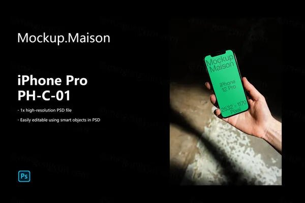 高级阴影手持苹果手机App设计UI贴图展示样机模板 iPhone Pro PH-C-01