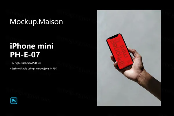 高级阴影手持苹果手机App设计UI贴图展示样机模板 iPhone mini PH-E-07