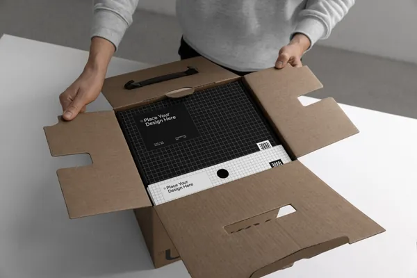 高质量拆箱场景特写镜头瓦楞纸快递纸箱品牌包装设计贴图展示样机模板 Unboxing Mockup-9