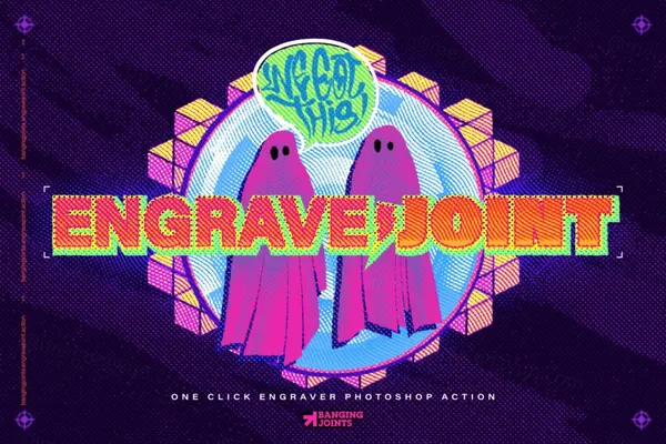 潮流复古艺术半色调条纹拼贴图片特效处理PS动作素材 EngraveJoint Effect Action