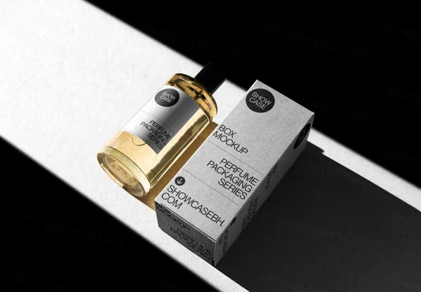 高级阴影高端奢侈品香水品牌包装设计贴图展示样机模板 Perfume Packaging Mockup-1