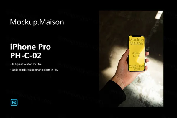 高级阴影手持苹果手机App设计UI贴图展示样机模板 iPhone Pro PH-C-02
