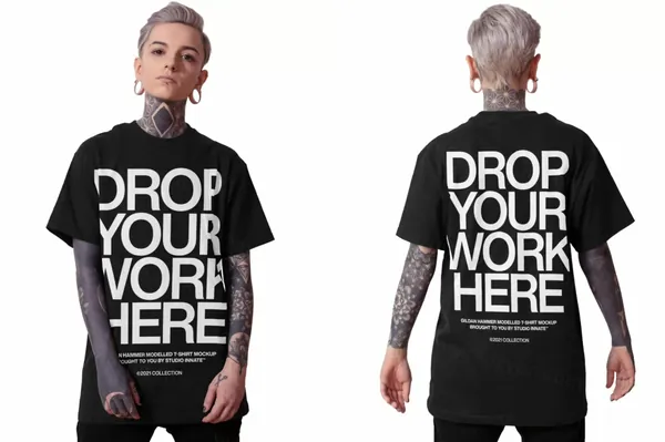 潮流短袖T恤欧美女模特展示服装设计提案样机模板 Modelled T-Shirt Mockup