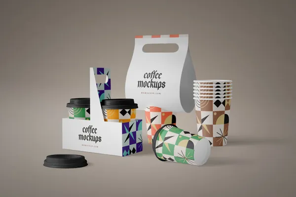 高级外卖餐饮美食品牌包装设计贴图场景展示样机模板 Front View Branding Mockup