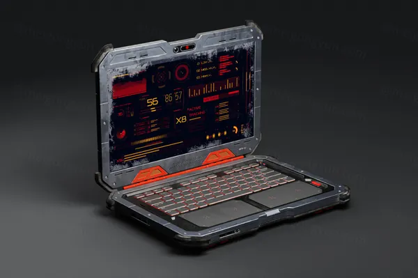 未来派赛博朋克末日科幻场景UI界面设计展示笔记本电脑样机模板 Cyber Laptop Mockups-3