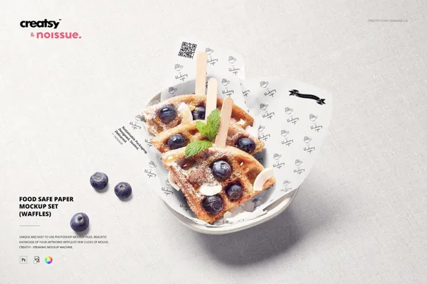 快餐店华夫饼甜点零食品包装纸品牌设计展示样机模板 Waffles Food Safe Paper Mockup