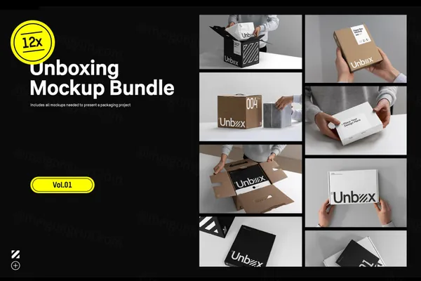 拆箱场景特写镜头快递纸箱品牌包装设计贴图展示样机模板 12x Unboxing Mockup Bundle